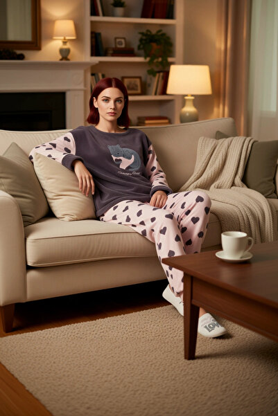 PayBuy Women's Heart Fleece Pajama Set Crew Neck Long Sleeve Functional Durable Quality Stylish