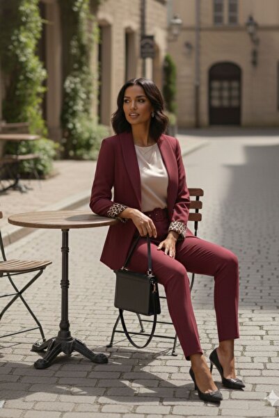 diaves Burgundy Shawl Collar Folded Leopard Lined Sleeve Single Button Jacket Carrot Pants Suit