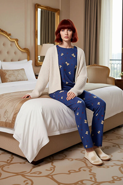 PayBuy Women's Teddy Bear and Heart Patterned Fleece Pajama Set Functional Durable Quality Comfortable Stylish