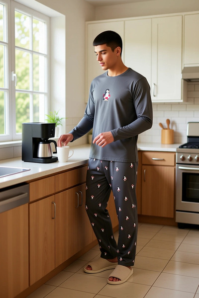 PayBuy Men's Penguin Embroidered Crew Neck Long Sleeve Pajama Set Functional Durable Aesthetic