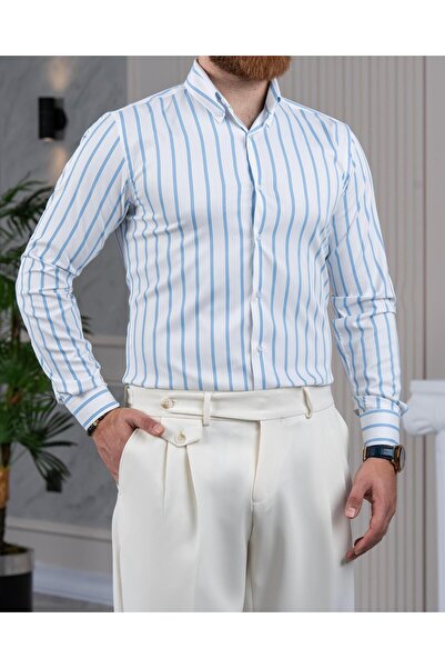 TerziAdemAltun Італійський стиль slim fit смугастий чоловічий сорочка з прямим коміром синій T13823