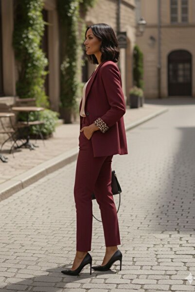 diaves Burgundy Shawl Collar Folded Leopard Lined Sleeve Single Button Jacket Carrot Pants Suit