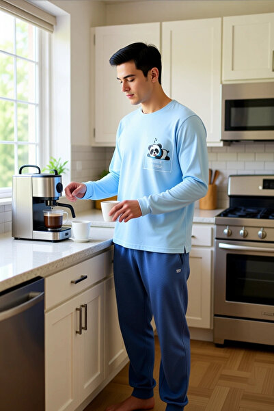 PayBuy Ανδρικό σετ πιτζάμες με μακρυμάνικο λαιμόκοψη Khaki Panda με τύπωμα Λειτουργικό ανθεκτικό αθλητικό