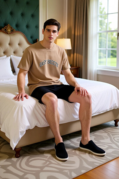 PayBuy Men's Slogan Printed Waffle Knitted Crew Neck Short Sleeve Pajama Set Functional Modern