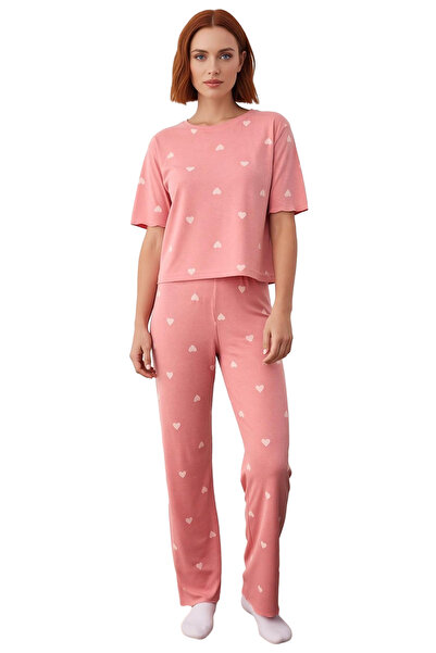 PayBuy Women's Heart Patterned Crew Neck Pajama Set Functional Durable Quality Comfortable Stylish