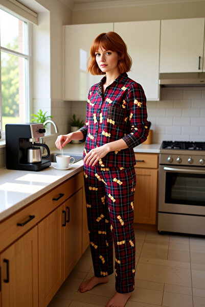 PayBuy Women's Bear Pattern Plaid Pajama Set Long Sleeve Functional Durable Quality Comfortable