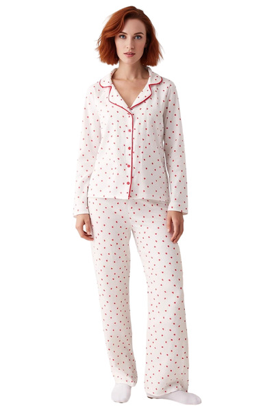 PayBuy Women's Heart Patterned Muslin Pajama Set Shirt Collar Long Sleeve Functional Durable Comfortable