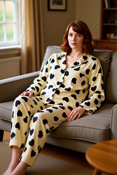 PayBuy Women's Heart Patterned Shirt Collar Pajama Set Functional Durable Quality Comfortable Casual