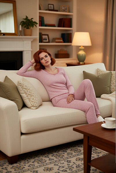 PayBuy Kadın Çizgili Fitilli Pijama Takımı Dantel Detaylı Fonksiyonel Dayanık...