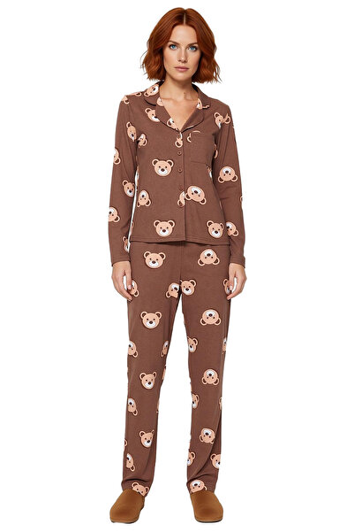 PayBuy Women's Teddy Bear Patterned Shirt and Pipe Leg Pajama Set Functional Durable Quality Sports