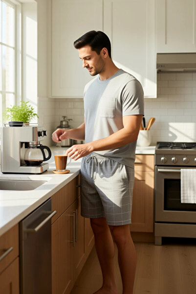 PayBuy Чоловічий комплект піжами з плетеного тканини в клітинку Grimelanj, з велосипедним коміром, короткими рукавами, функціональний, міцний, стильний