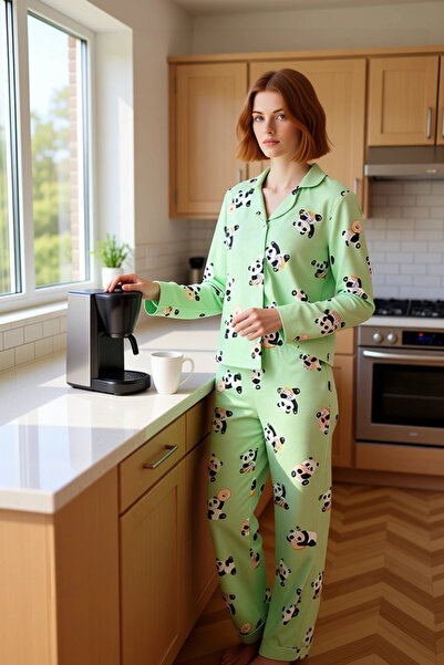 PayBuy Women's Bear Pattern Plaid Pajama Set Shirt Collar Long Sleeve Functional Durable Sports