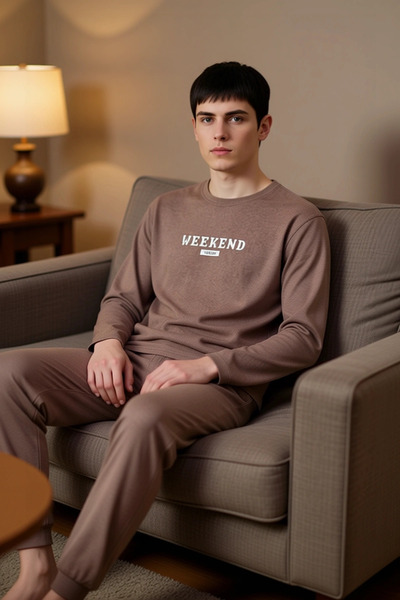 PayBuy Men's Slogan Printed Crew Neck Long Sleeve Pajama Set Functional Durable Quality