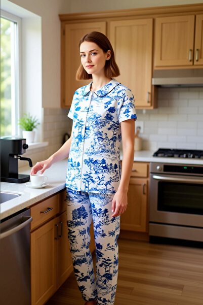 PayBuy Set de pijamale cu mâneci scurte guler tip Peter Pan cu model peisaj pentru femei Funcțional Durabil Calitate Elegant