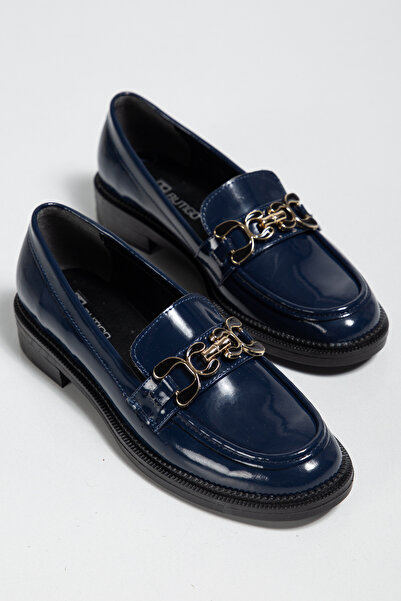 derim shoes Kadın Lacivert Rugan Suni Deri Loafer Ayakkabı