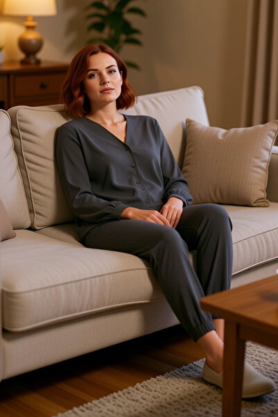 PayBuy Women's V-Neck Buttoned Shirt and Jogger Pajama Set Functional Durable Quality Aesthetic