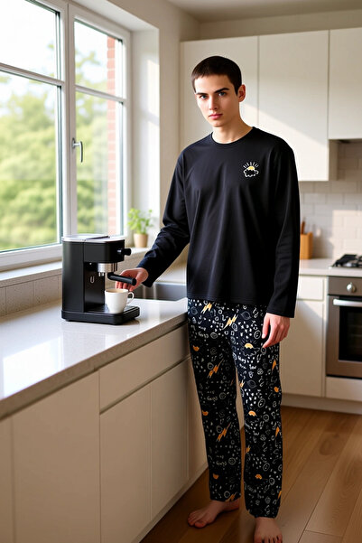 PayBuy Men's Khaki Galaxy Patterned Embroidered Pajama Set Functional Durable Quality Comfortable Stylish