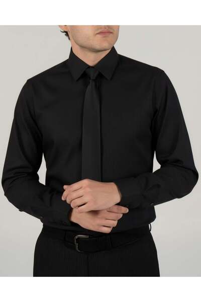 TerziAdemAltun Italian Style S Slim Fit Tie Collar Men's Shirt Black T13814