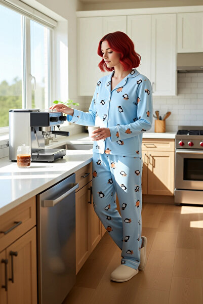 PayBuy Set de pijamale din lână cu guler cămașă cu model pinguin pentru femei Funcțional Durabil Calitate Confortabil