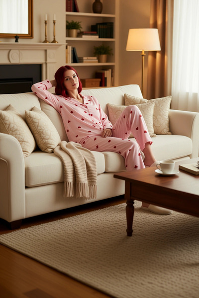 PayBuy Set de pijamale cu guler cămașă cu model inimă roșie pentru femei Func...