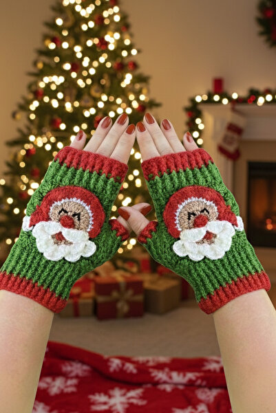 ZEYZON Noel Baba Figürlü El Örgüsü Parmaksız Eldiven – Yılbaşı Temalı, El Yap...