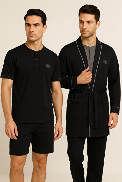 ROZELT Men's Black 100% Cotton 5-Piece Shorts-T-Shirt & Long Sleeve Top- Long Bottom Robdöşambr Boxed Pajama Set