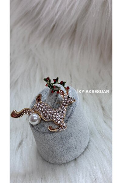 iky aksesuar Yılbaşı Taşlı İncili Geyik Broş