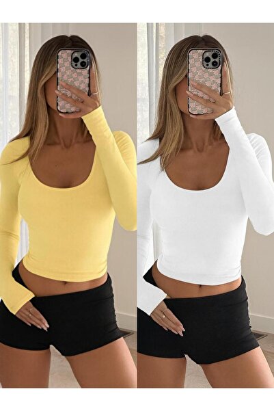 ÖZ PAMUK Square Neck 2-Pack Basic Plain Fabric Long Sleeve Lycra Blouse