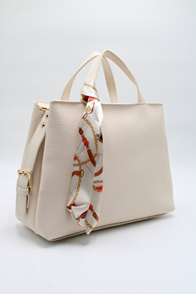 LASSO -Women's Cream Large Size Double Handle Scarf Detailed Hand, Arm and Shoulder Bag