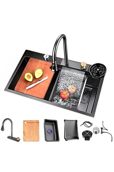 Generic Stainless Steel Flying Rain Waterfall Kitchen Sink with Vegetable Basin & Pull-Out Tap