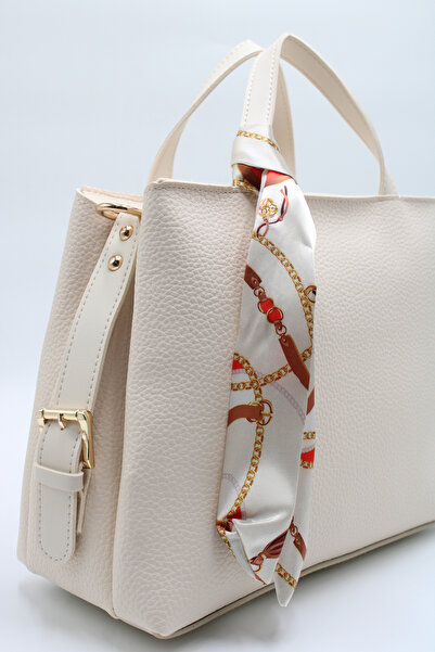 LASSO -Women's Cream Large Size Double Handle Scarf Detailed Hand, Arm and Shoulder Bag