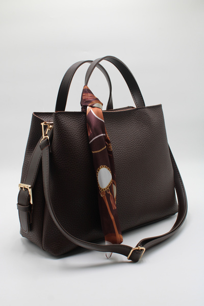 LASSO -Kadın Kahverengi Büyük Boy Çift Saplı Fular Detaylı El, Kol ve Omuz Ça...