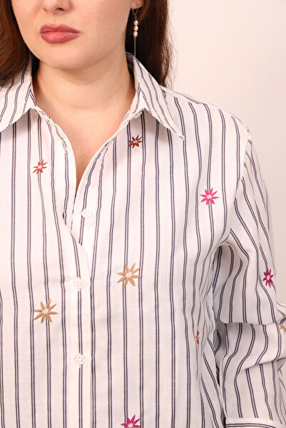 LINELLE Ladies Co-Ord Set – Soft Crepe Grey and White Stripe Shirt with Embroidery Detailing, Solid Pant