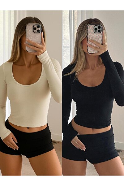 ÖZ PAMUK Квадратний комір 2 шт. Basic ПЛОСКА Тканина Довгі рукави Блуза з еластаном