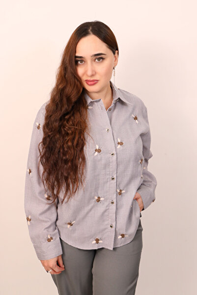 LINELLE Ladies Co-Ord Set – Soft Crepe Grey and White Stripe Shirt with Embroidery Detailing, Solid Pant