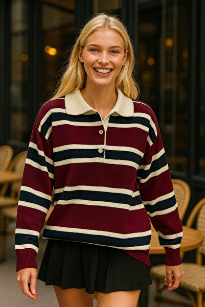 LEOF Premium Polo Yaka Düğmeli Oversize Çizgili Uzun Kol Kazak