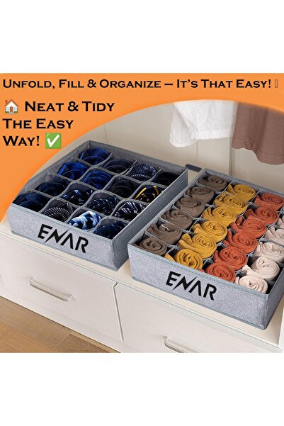 ENAR Sock & Underwear Organizer Dividers 2-Pack, 12+12 Cell Foldable Drawer Organizer (Grey)