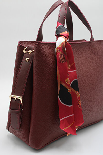 LASSO -Women's Burgundy Large Size Double Handle Scarf Detailed Hand, Arm and Shoulder Bag