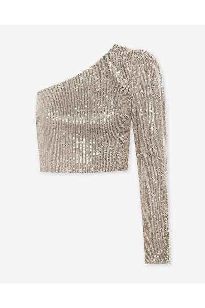 AFR CLOTHES Women's Sequin Fabric, Balloon Single Sleeve Asymmetric Neckline Blouse