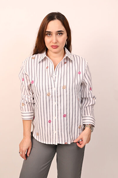 LINELLE Ladies Co-Ord Set – Soft Crepe Grey and White Stripe Shirt with Embroidery Detailing, Solid Pant