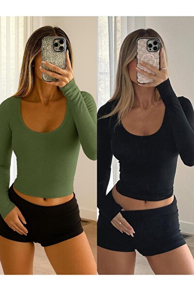 ÖZ PAMUK Square Neck 2-Pack Basic Plain Fabric Long Sleeve Lycra Blouse