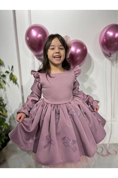 Sare Çocuk Giyim Deluxe Collection Κοριτσίστικο Φόρεμα Πάρτι με Μακρύ Μανίκι Ειδικού Σχεδιασμού με Λιλά Σατέν Μωβ Φιόγκο
