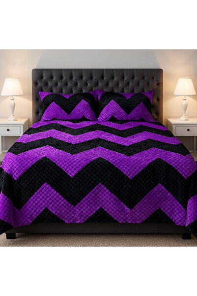 OEM Purple-Black Velvet Reversible Duvet Cover with 2 Pillowcases, Zig-Zag Pattern, Ultra-Fluffy