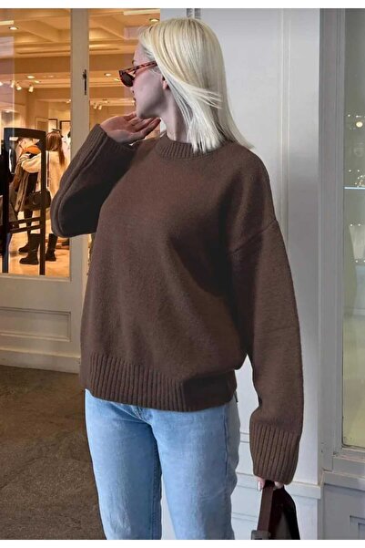 LUVON Γυναικείο πλεκτό πουλόβερ καφέ Crew Neck Oversize
