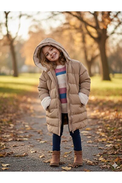 gnygiyim Girl's Puffer Coat Fur Ice Blue Removable Hooded Zippers