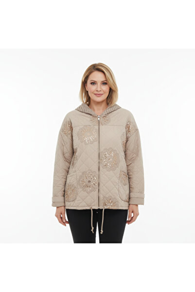 İTALYAN %100 Pamuk Kapitone Dikiş Pullu Çiçekli Sweat Ceket Baharlık Ceket