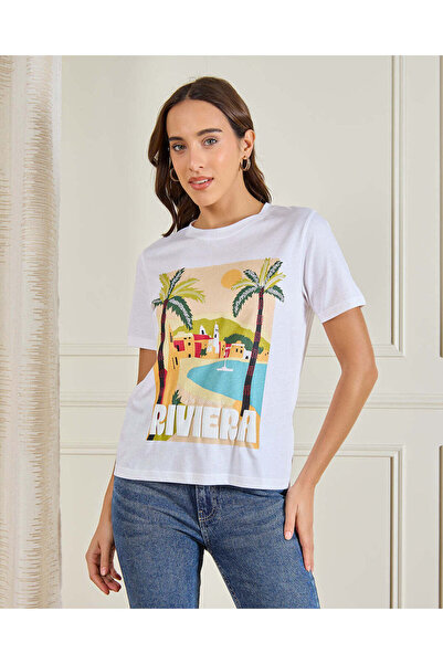 REDTAG Women White Graphic T-Shirt