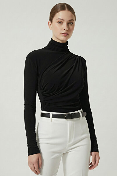 Thestiluxe Women's Black Ruched Detail Flowy Mock Neck Sandy Blouse