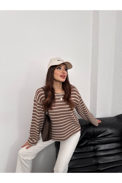 Hatun Atila Women's Crew Neck Striped Oversized Knitwear Sweater 8955 - Brown