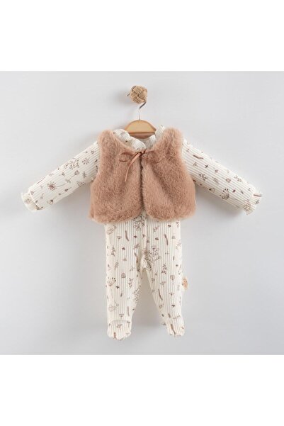 minipanda Welsoft Lamb Lined Vest Set Dandelion Patterned Baby Girl Booties Jumpsuit
